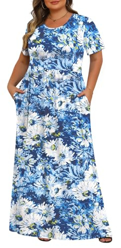 Tencede Womens Plus Size Maxi Dresses Summer 2026 Casual Short Sleeve with Pockets Long Dress 1X-5X, White Chrysanthemum, 5XL