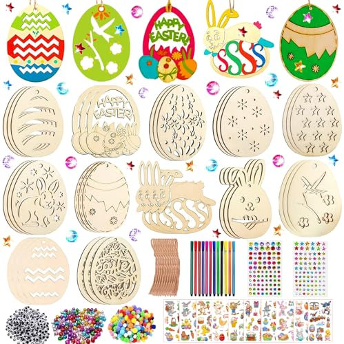 396 Stück Ostern Bastelset Kinder, Holzanhänger Ostern zum Bemalen, Ostern Anhänger Holz, Ostern Basteln Kinder, Ostern Holz Bemalen, mit Aquarellstift, Glocke, Strass, Auge, Pompoms, Seil