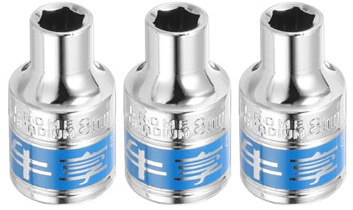 sourcing map Lot de 3 douilles à 6 pans 8 mm CR-V métriques peu profondes pour réparation automobile mécanique, argenté et bleu