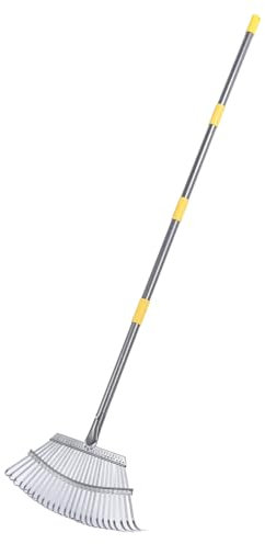 Laubharke für den Garten, Robuster Laubharken aus Metall mit 25 Zinken, Reetharke mit 4 Abschnitten, Verstellbarem Langen Griff Zum Sammeln von Sträuchern, Einebnen von Gras