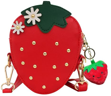 MEZHEN Erdbeere Umhängetasche Handtasche mit Plüsch Anhänger Erdbeer Tasche Cartoon Crossbody Bag Mädchen Taschen Kettentasche Tasche Urlaub Reise Geldbörse Kinde Geschenk