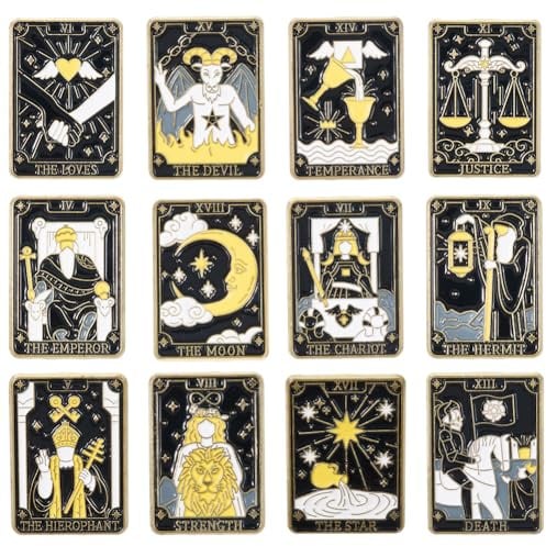 SUNNYCLUE 1 boîte de 12 broches en Émail Représentant une Carte de Tarot 12 styles en Alliage de Zinc Noir et Or Motif Divination Lune Étoile Soleil pour Sacs à Dos Vêtements Accessoires de Décoration