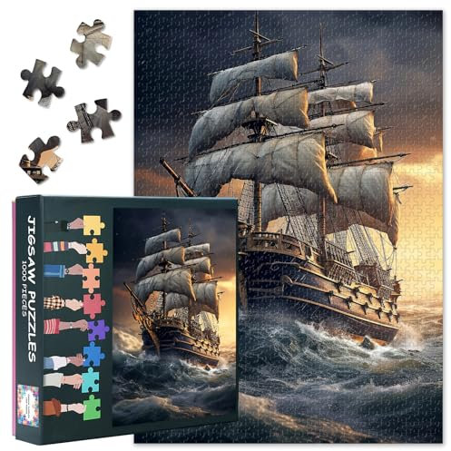 1000 Pieces Historic Sailing Ship Jigsaw Puzzles Sailing Boat Difficult Challenge Puzzle for Adults as Gifts for Family Party Pirate Ship Jigsaw Puzzle Artwork Home Decor 27.5X19.7