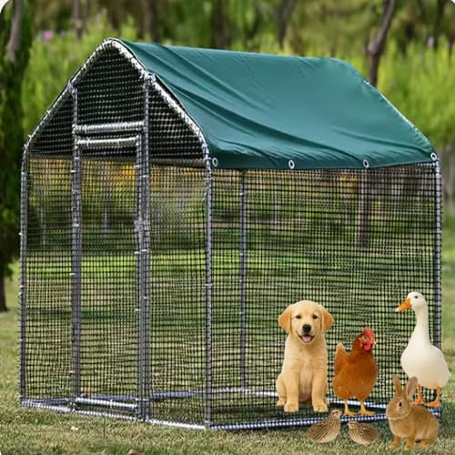 Hühnerstall Aus Metall Begehbar Freilaufgehege, Garten Geflügelstall Kleintiere Mit Markise Und Tür Für Hund, Kaninchen, Ente Und Wachtel(1.5 * 2 * 1.7m)