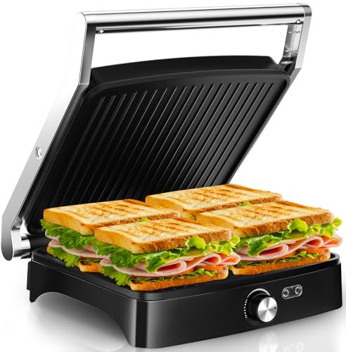 YASHE Sandwichera Eléctrica 2000W – Grill Panini y Parrilla Eléctrica Interior para Bocadillos, Carnes y Verduras – Placas Antiadherentes Grandes – Apertura 180° – Temperatura Automática – Fácil Limpi