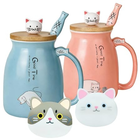 2er-Pack Katzenbecher Niedliche Kaffeetassen aus Keramik im 2er-Set mit Bambusdeckel und Löffel Neuheit Kaffee-Milch Tee-Becher-Tier Katzen-Tassen für Katzenliebhaber Frauen (Blau und Rot)