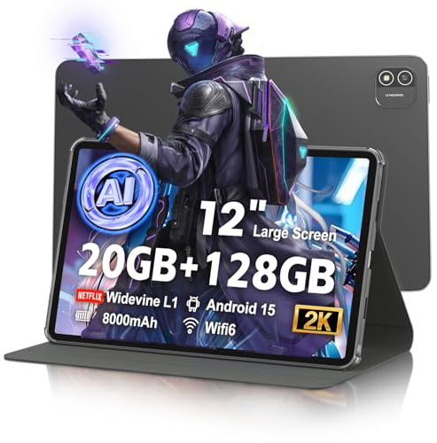 Tablet Android 15 da 12 pollici, tablet AI con display 2000 × 1200, Octa-Core fino a 2,0 GHz, tablet computer con 20 GB di RAM e 128 GB di RAM 2 TB espansione, 8000 mAh e 20 caricabatterie PD, WiFi 6