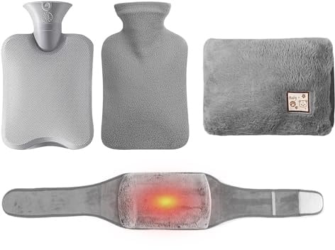 Wärmflaschengürtel 1 L Wärmflasche Mit Bezug, 4er Wärmegürtel Wärmeflasche Auslaufsicher Tragbare Flauschig Wärmflasche Groß Hot Water Bottle Für Den Bauch Und Die Taille, Kalte Wintertage, Silbergrau