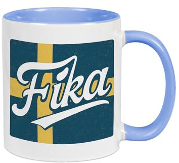 Fika Tasse mit Schwedenflagge | Skandinavische Kaffeetasse für Schwedenfans | Geschenk für Fika-Liebhaber & Urlaubserinnerung | Hochwertige Keramik in 4 Farben erhältlich (Blau)