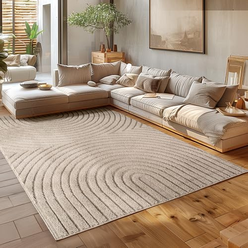 HomebyHome Wohnzimmer Teppich 160x230 cm Beige Hochflor Skandi Boho Design Hoch-Tief Effekt Weicher Shaggy Langflor Flauschig Robust Pflegeleicht Modern für couchtisch