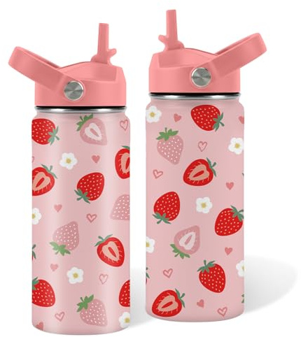 Strawberry Gifts for Teen, 16oz Pink Water Bottle with Straw Lid | Stainless Steel Insulated Tumbler, Leakproof, BPA-Free for Travel, Children Birthday Gift Cup