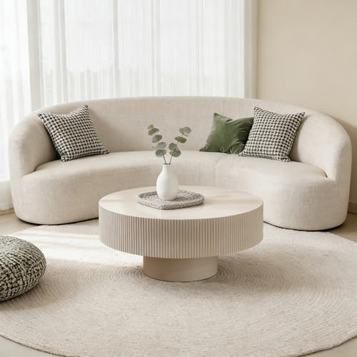 YYZIWYUN Runder, Geriffelter Couchtisch Fürs Wohnzimmer Runder Couchtisch Im Mid-Century-Modern-Stil Beistelltisch Im Landhausstil Mit Geriffelter Form Ideal Für Kleine Wohnungen,Creamy