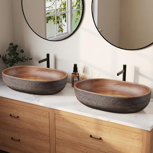 Homary Vasque de salle de bain, 59 cm Vasque ovale en céramique rétro au-dessus du comptoir pour salle de bain, sans vidange pop-up, lot de 2