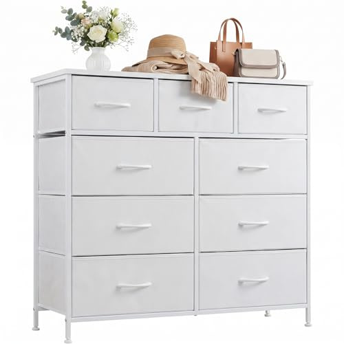 DUMOS Kommode mit Schubladen - Kommoden & Sideboards für Schlafzimmer Geeignet, Komodenschrank mit 9 Schubladen, Stoffkommode mit Stahlrahmen, Schrank Klein, Ideal für Flur, Wohnzimmer (Weiß)