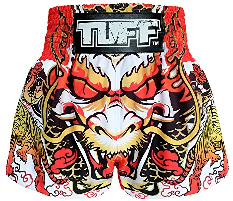 Tuff Sport Boxen Muay Thai Shorts Dragon Skull Kick Kampfsport Training Gym Kleidung Trunks, Weißer Drache, Groß