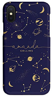 Tirita Personalised Initials Custom Hard Phone Case Compatible with iPhone Xr PRINTED GLITTER, NOT REAL GLITTER Space Stars Moon PlanetsDark Blue Gold Constellation