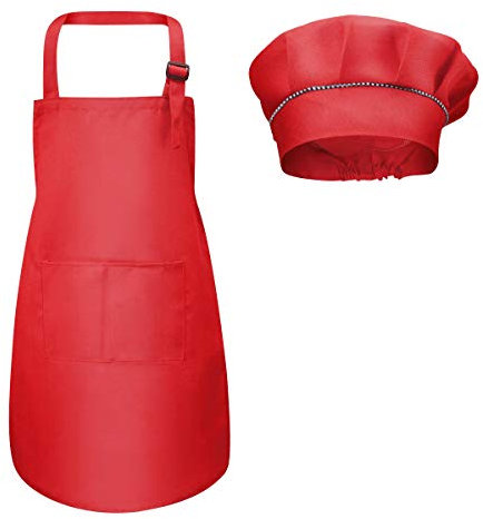 Fodlon - Delantal infantil + sombrero de chef, delantal de cocina ajustable para niños con bolsillos para hornear en el horno, pintura 4-12 años (rojo, L)