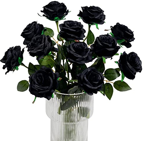 Kisflower 12Pcs Rosen Künstliche Blumen Realistische Einzelstielblumen Seidenrosenstrauß für Hochzeitsfeier Büro Home Decor (Schwarz)