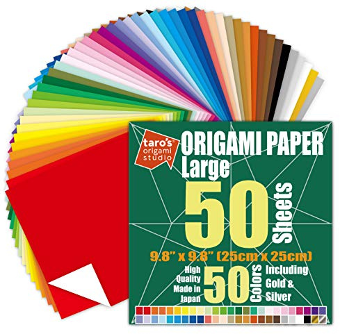 [Taro's Origami Studio] Large 10 Inch One Sided 50 Colors 50 Sheets Square Easy Fold Premium Japanese Paper for Beginner (Gold and Silver Included) Made in Japan