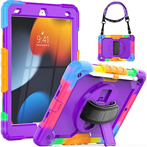 SEYMCY for iPad 9th/8th/7th Generation Case Kids 10.2 inch, Shockproof Sturdy with Rotating Hand Strap & Stand, Screen Protector, Shoulder Strap, Pen Holder for iPad Cover 2021~2019, Purple