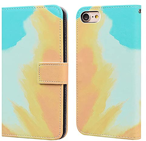 Flip phone case for Iphone 7 Iphone 8 Iphone SE2 PU Leather Wallet Card Slots Flip Case Watercolor Gradient Ramp Graffiti Art Printing with Stand Function Magnetic Protective Cover (Yellow Cyan)
