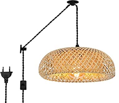 B·LED BARCELONA LED BarcelonaLED Deckenleuchte, Hängeleuchte, Weide, Bambus, Rattan, mit Kordelzug, Wandschalter, Vintage, Riemenscheibe für Küche, Wohnzimmer