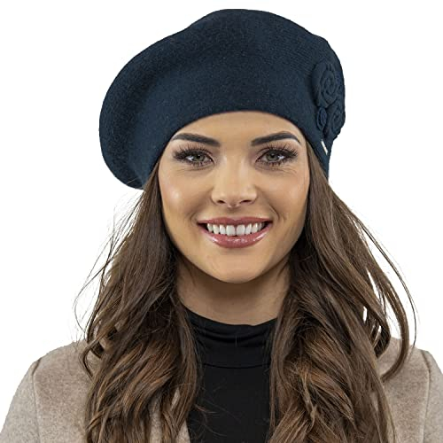 VIVISENCE Baskenmütze Damen Winter Elegante Mit Klassischem Herbst Frauen Mütze Schnitt Warmer Wollmischung Floraler Applikation Perfekter Passform Ideal Für Kalte Tage, Dunkelblau,Einheitsgröße