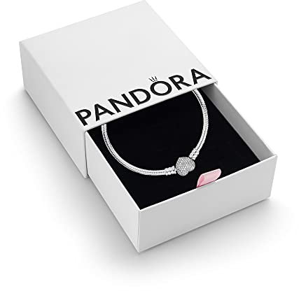 PANDORA Moments Women's Sterling Silver Sparkling Heart Clasp Cubic Zirconia Snake Chain Bracelet for Charms, Size 18, With Gift Box