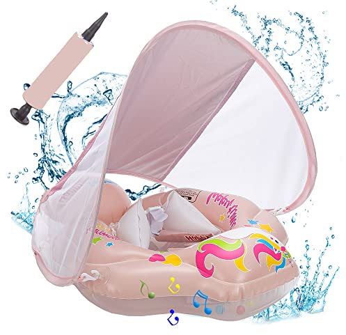Baby-Schwimmflosse Enhanced Version mit abnehmbarem sonnendach,Schwimmhilfe verstellbare Schultergurte,Schwimmtrainer,mit aufblasbarer Swimming Float für ab 3-36 Monate. (Rosa)