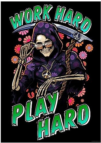 Grindstore Laminiertes Mini-Poster Happy Reaper Work Hard Play Hard Play