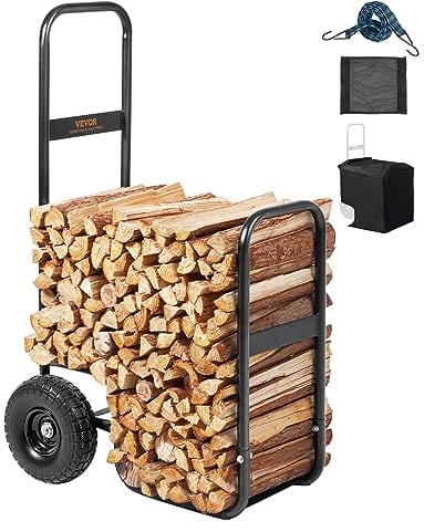 VEVOR Carro de Transporte de Troncos de Leña Carga 113,4 kg Carro para Leños de Acero 67x52x110 cm Almacenamiento de Leños con Ruedas de PU Cubierta Impermeable Soporte para Leños para Chimenea, Negro