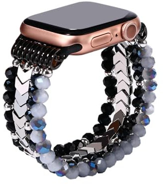 JewelryWe Perlen Armband für Apple Watch: Damen Ersatzarmband Kompatibel mit Apple Watch Armband 38mm/40mm/41mm Elastisch Perlenarmband Edelstahl Armkette für iWatch Series 8/7/SE/6/5/4/3/2/1 Schwarz
