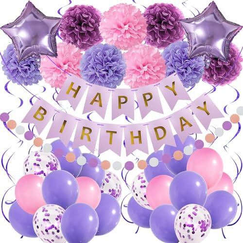 Recosis Décorations d'anniversaire violettes et roses, décorations de fête pour femmes et filles, décorations de fête d'anniversaire avec bannière pour femmes, filles, fiançailles, anniversaire de