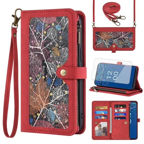 Asuwish Phone Case for Nokia G42 5G / Nokia G310 5G (6.56) Wallet Cover With Screen Protector Crossbody Wrist Strap Leather Flip Pattern Zipper Credit Card Holder Stand Cell NokiaG42 NokiaG310 Red