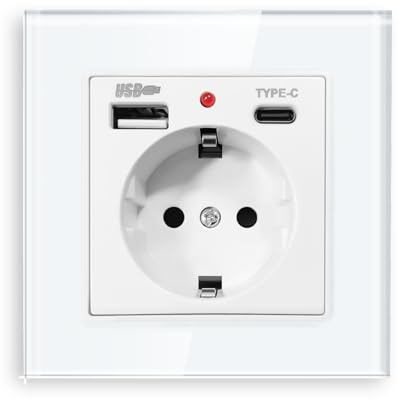 PANGTZEEN Enchufe Schuko con USB A y tipo C de 1 compartimento de vidrio templado de 82 mm, enchufe de pared individual de 16 A, tipo F, empotrable, dos enchufes, estilo de fijación, color blanco,
