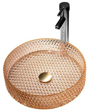 SHAIYOU Rundes Waschbecken, Waschbecken Aus Glas, Glossy Glänzend, Ohne Überlauf, Einzelbecken Plus Beckenhalter, Maße 405 X 405 X 10 mm (Orange)