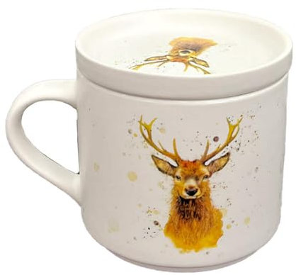 Puckator Große Tasse aus Porzellan und Untersetzer/Deckel 2 in 1 – Hirsch – Designed by Jan Pashley