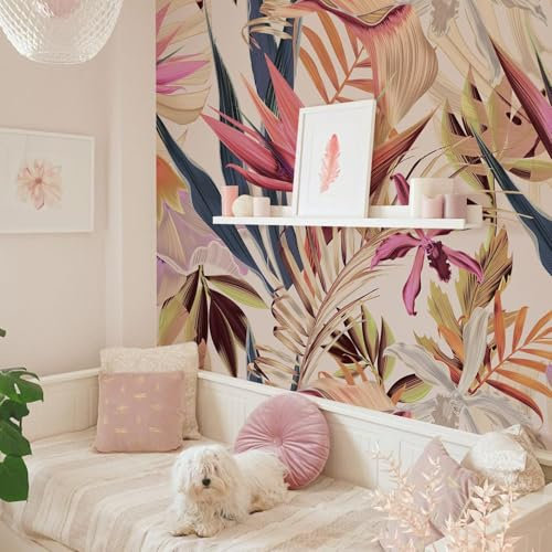FUNLIFE Plantes tropicales papier peint,grandes feuilles colorées,rose, papier peint panoramique texture imitation cuir, papier peint jungle,Salon Chambre papier peint adhesif mural 240x250cm