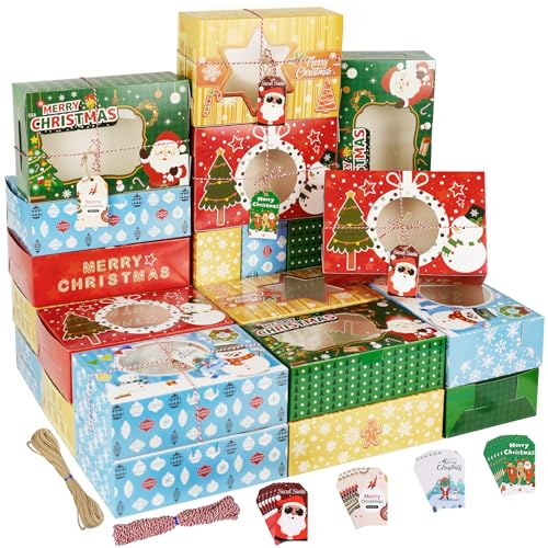 TZEKING 24 Cajas de Galletas de Navidad con Ventana,4 Estilos Cajas De Magdalenas,Recipientes de Galletas de Navidad para Regalo,Caja De Dulces De Chocolate,Cajas de Panadería de Navidad,para Navidad