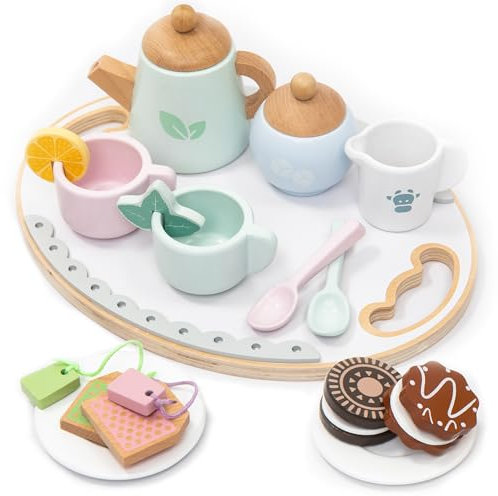 UMU® Service à thé en bois - Avec tasses colorées, tranches de citron, sachets de thé, etc. - Jouet en bois pour enfants à partir de 3, 4, 5, 6 ans