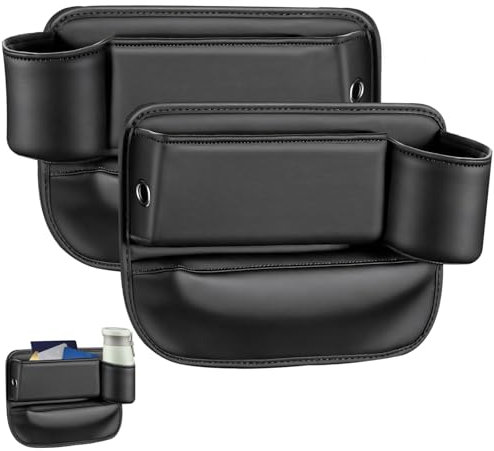 Seat Gap Storage Box 2 PCS,Car Seat Gap Filler Organiser,Car Gap Filler with Cup Holder Comes with 4 Invisible Hooks on the Back of the Car Seat for Storing Mobile Phones Key Cards and Wallets