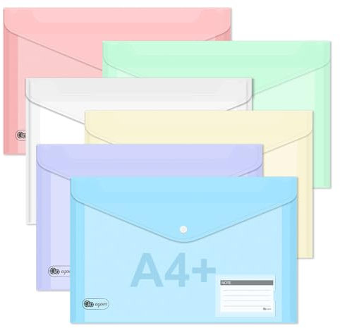 Lot de 12 Pochette Plastique A4+ Documents,6 Couleurs Transparente Pochette Plastique A4 avec Rabat, Farde Chemise à Bouton Pression avec Pochettes d’Étiquette pour Maison,Bureau,l'école,Voyage