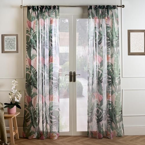 OHS Green 2 Panel Voile Curtains With Tropical Leaf Print Design - Sheer Lightweight Net Fabric for Stylish Bedroom & Living Room