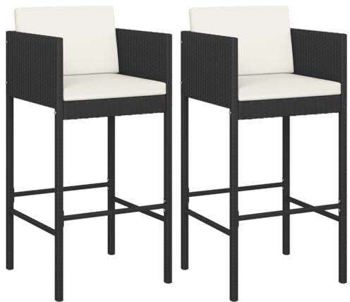 ULUYYUC Küchenstühle Gartenstuhl Gartenmöbel Barhocker - Barhocker 2 STK. mit Kissen Schwarz Poly Rattan für Balkon Sauna Esszimmer Wohnzimmer