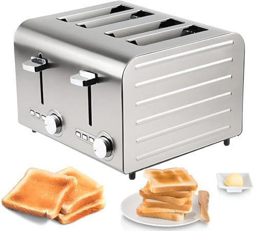 4 Slices Stainless Steel Toaster with 7 Levels, Frozen/cancel/reheat Function, Independent & Extra Wide Slots with High Lift, Removable Crumb Tray, Auto Pop-up Toaster