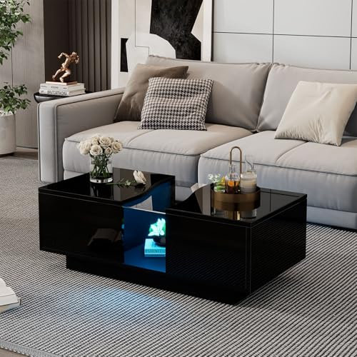 Tables Basses Rectangle, Moderne Table de Salon avec Lumière LED et 2 Tiroirs, Rangement Ouvert, Étagères en Verre, Haute Brillance Table d'appoint pour Salon, Bureau, 100x50x35cm