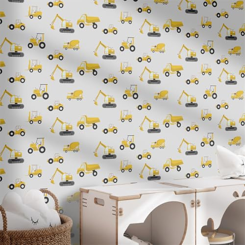 Sticky Back Plastic Excavator Yellow Grey Wallpaper Peel and Stick Worktop Vinyl Covering Kitchen Bathroom Bedroom Furniture Art Deco Self Adhesive Wallpaper 38.6x320.6 cm