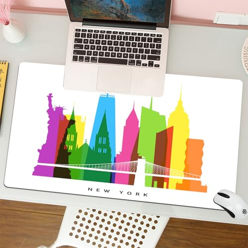 QRFASFZO Tapis de Souris Gaming - 30x80 cm - Tapis de Souris Esports - Ne Glisse jamais - Couverture complète du Bureau - Américain, Monuments de New York Statue de la Liberté Empire State Cathédrale