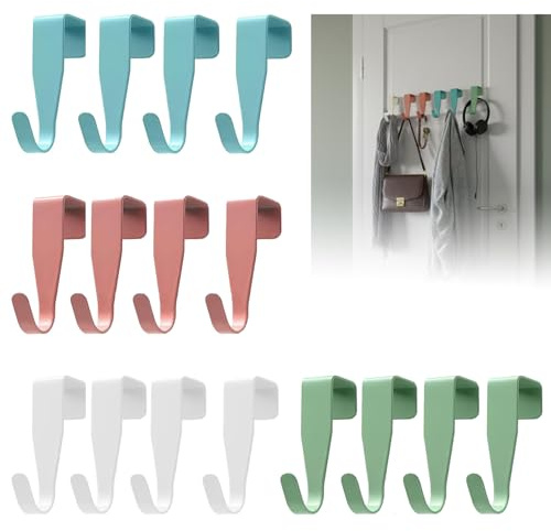 16 Pcs Over The Door Hooks, Carbon Steel Over Door Hooks, Small Over Cupboards Hook for Hanging, Over Kitchen Cabinet Single Hooks for Bedroom, Bathroom, Wardrobe (Pink, White, Blue, Green)