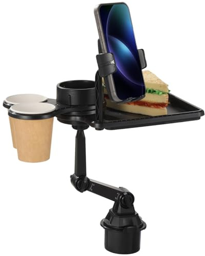 Calolin Car Cup Holder Tray, 5 in 1 Adjustable Car Cup Rack Expander, Cars Food Tray, Multi-Use Cars Trays Table with Rotatable Arm, Swivel Trays, Mobile Phone Mount, Expandable Base